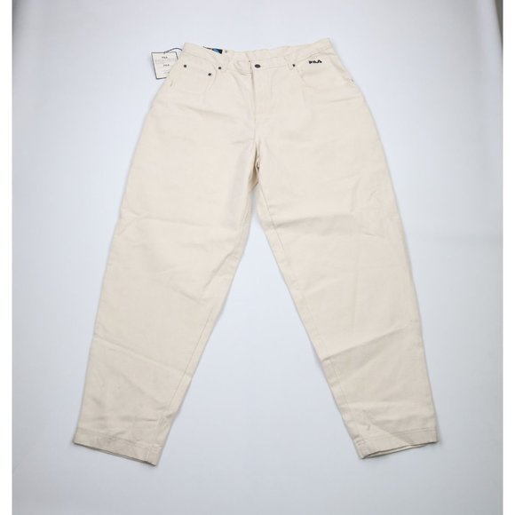 NOS Vtg 90s FILA Mens 38x34 Spell Out Hip Hop Baggy Loose Fit Denim Jeans Cream